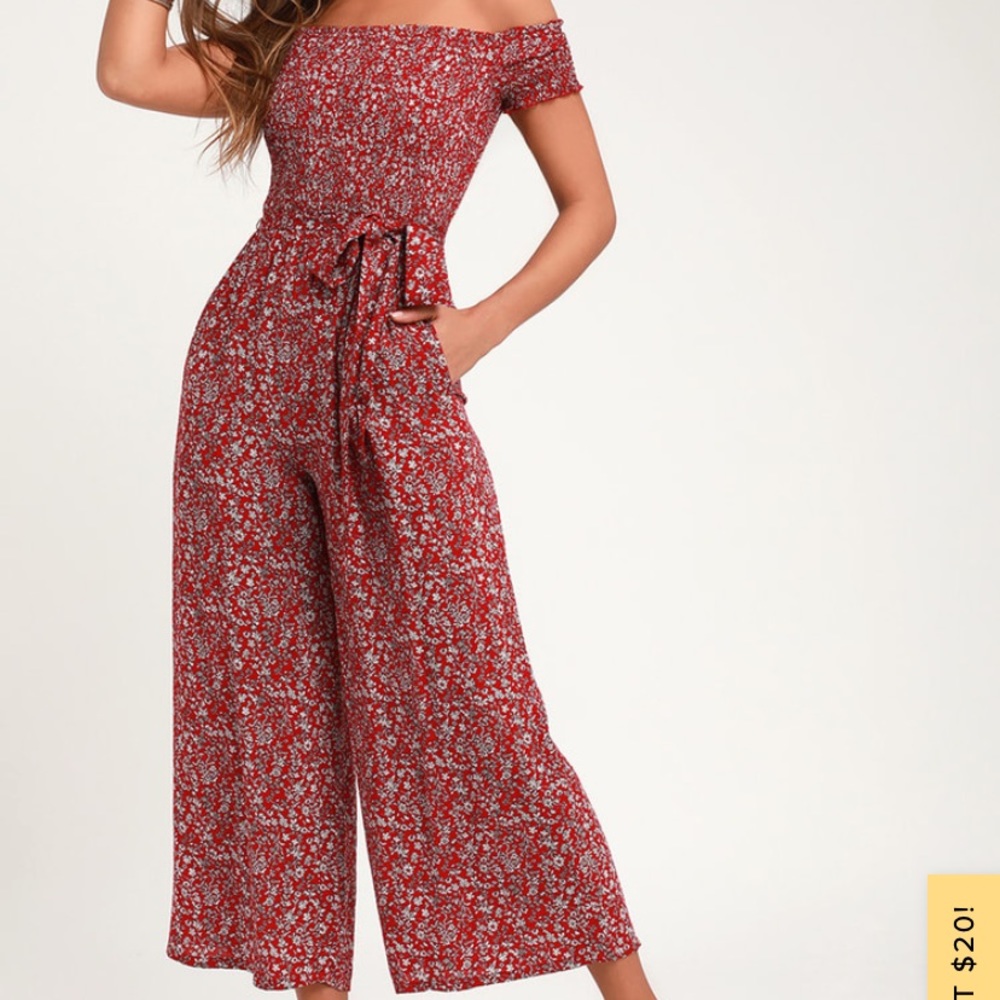 Lulu’s Red Floral Off the Shoulder Jumpsuit